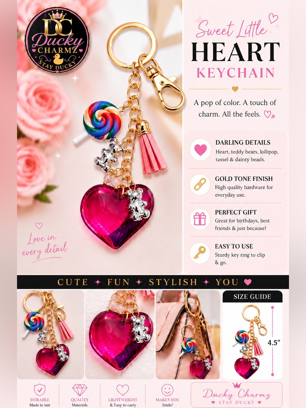 Sweet Little Heart Keychain | Teddy Bear, Lollipop & Tassel Bag Charm |